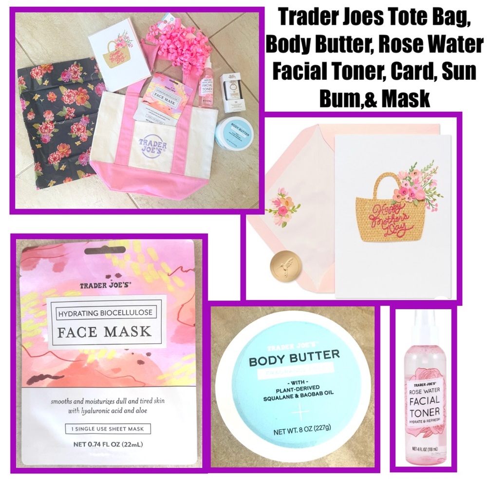 Trader Joes Tote Bag, Body Butter, Rose Water Facial Toner, Card, Sun Bum,& Mask